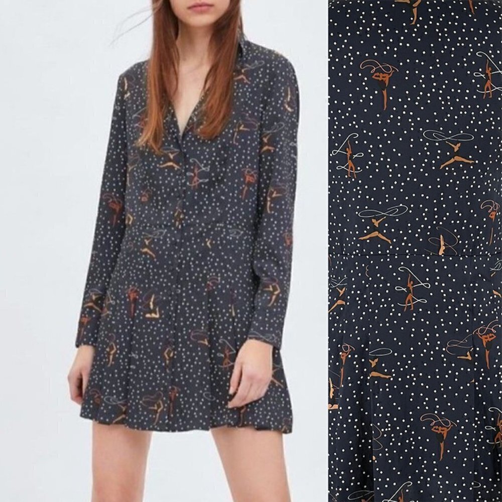 SALE Zara RARE Navy Gymnast Ribbon Dancer Print Pleated Satin Mini Shirt Dress M